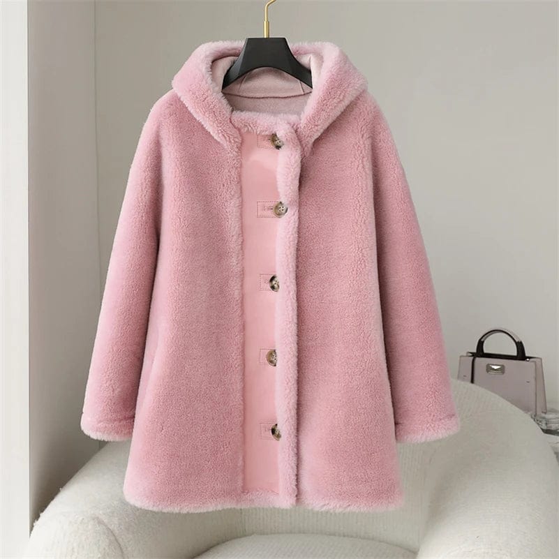 PDUI Women Real Wool Fur Coat Winter Warm Female Girl Sheep Shearing Hood Jacket Parka OverCoat CT147
