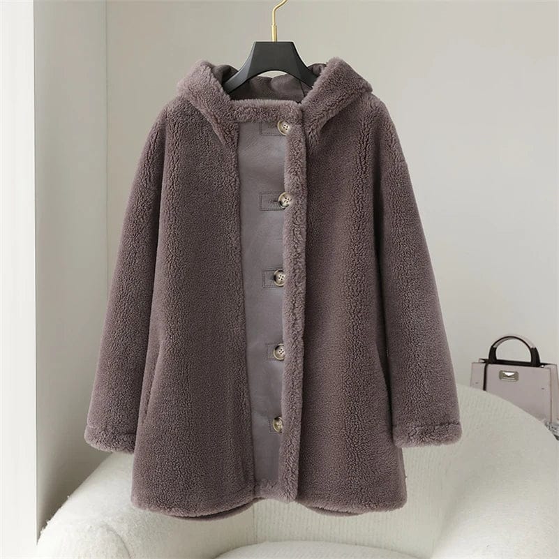 PDUI Women Real Wool Fur Coat Winter Warm Female Girl Sheep Shearing Hood Jacket Parka OverCoat CT147