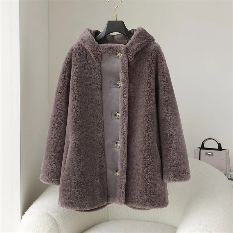 PDUI Women Real Wool Fur Coat Winter Warm Female Girl Sheep Shearing Hood Jacket Parka OverCoat CT147