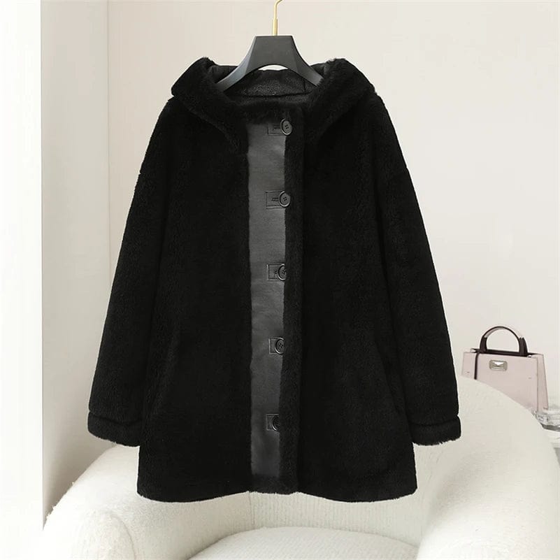 PDUI Women Real Wool Fur Coat Winter Warm Female Girl Sheep Shearing Hood Jacket Parka OverCoat CT147
