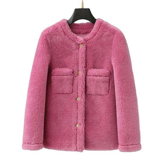 PDUI Women Real Wool Fur Coat Winter Warm Female Girl Sheep Shearing Jacket Parka OverCoat CT146