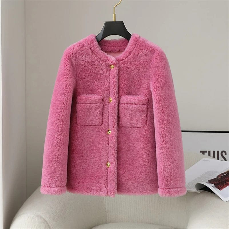 PDUI Women Real Wool Fur Coat Winter Warm Female Girl Sheep Shearing Jacket Parka OverCoat CT146