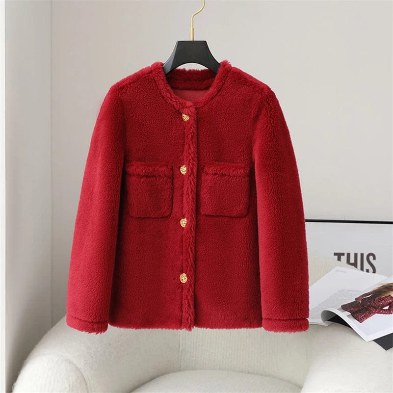 PDUI Women Real Wool Fur Coat Winter Warm Female Girl Sheep Shearing Jacket Parka OverCoat CT146