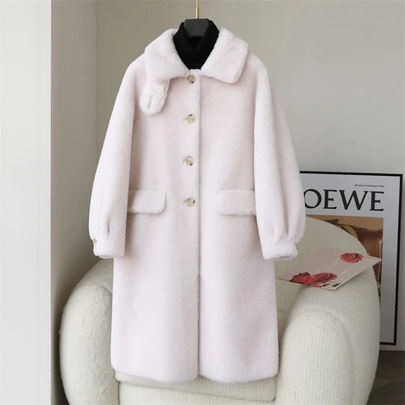 PDUI Women Real Wool Fur Coat Winter Warm Female Girl Sheep Shearing Long Jacket Parka OverCoat CT145