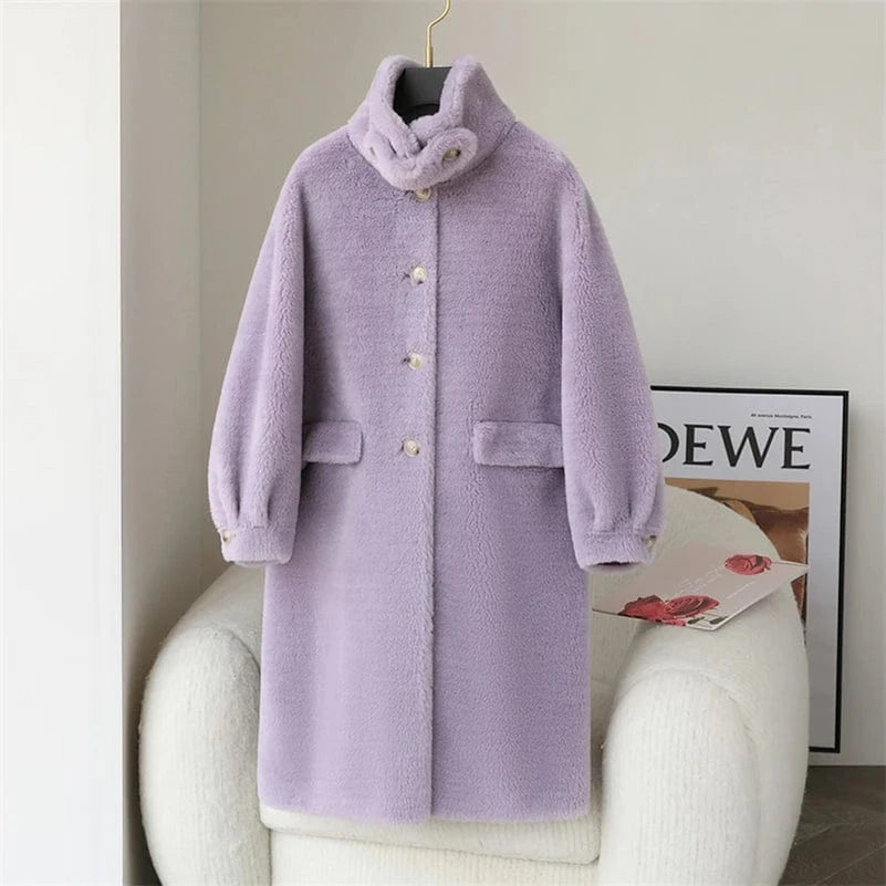 PDUI Women Real Wool Fur Coat Winter Warm Female Girl Sheep Shearing Long Jacket Parka OverCoat CT145