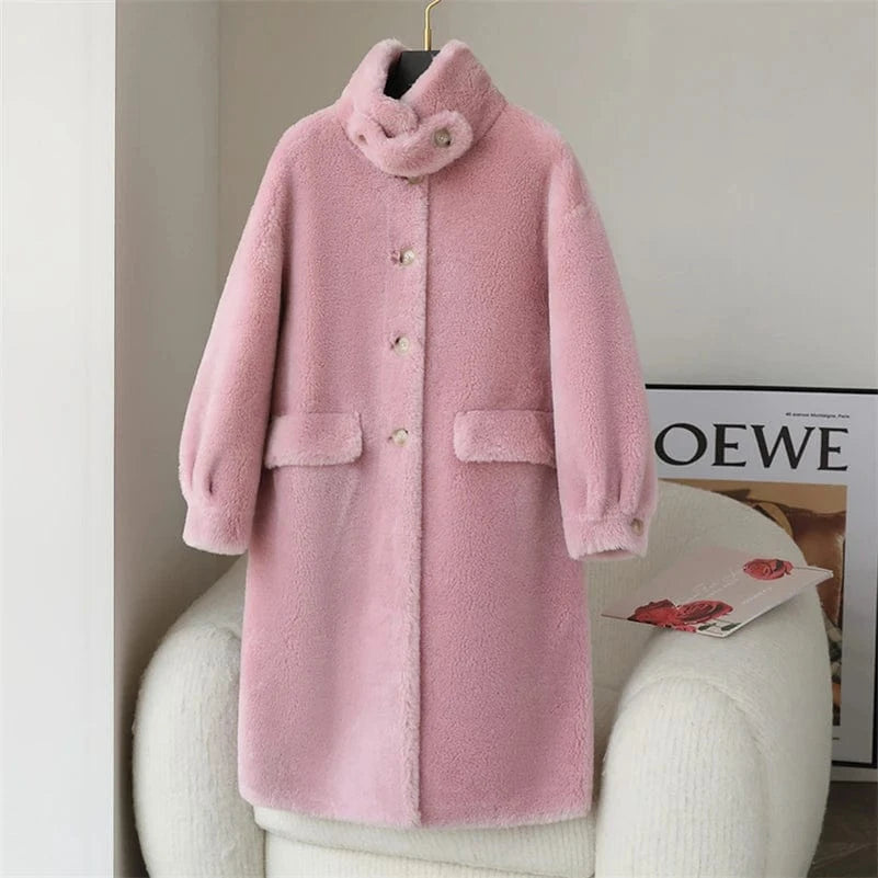 PDUI Women Real Wool Fur Coat Winter Warm Female Girl Sheep Shearing Long Jacket Parka OverCoat CT145