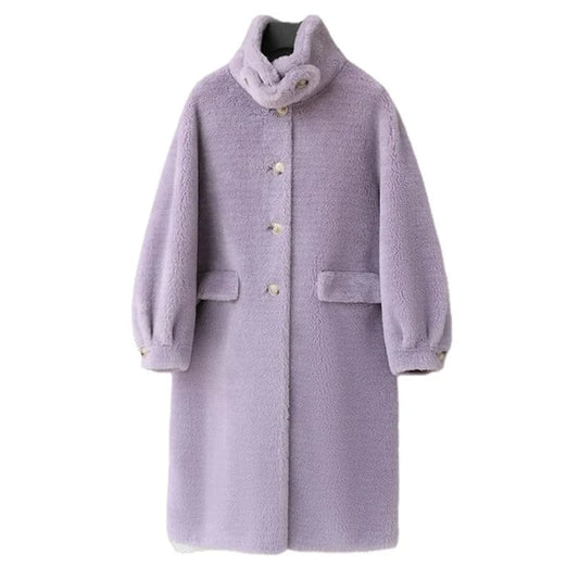 PDUI Women Real Wool Fur Coat Winter Warm Female Girl Sheep Shearing Long Jacket Parka OverCoat CT145