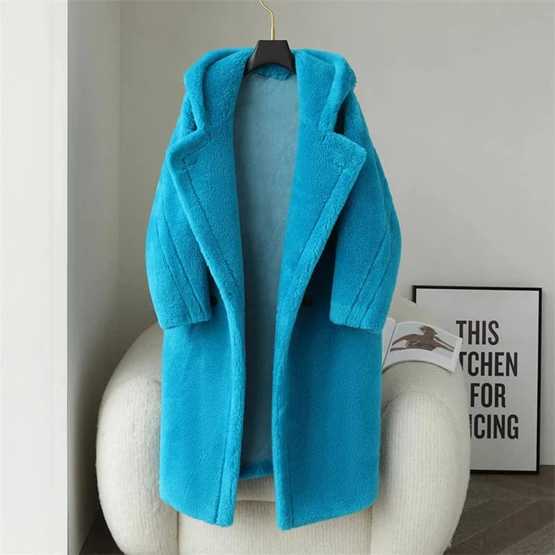 PDUI Women Real Wool Fur Coat Winter Warm Female Girl Sheep Shearing Long Jacket Parka Trench OverCoat CT143