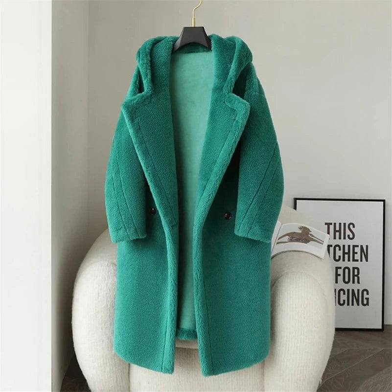 PDUI Women Real Wool Fur Coat Winter Warm Female Girl Sheep Shearing Long Jacket Parka Trench OverCoat CT143