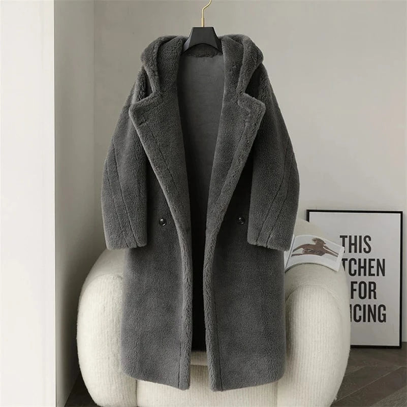 PDUI Women Real Wool Fur Coat Winter Warm Female Girl Sheep Shearing Long Jacket Parka Trench OverCoat CT143