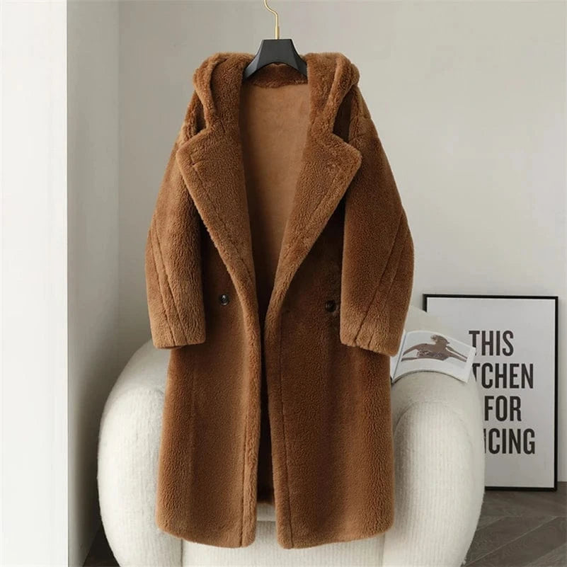 PDUI Women Real Wool Fur Coat Winter Warm Female Girl Sheep Shearing Long Jacket Parka Trench OverCoat CT143