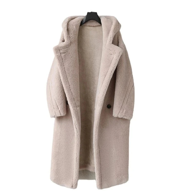 PDUI Women Real Wool Fur Coat Winter Warm Female Girl Sheep Shearing Long Jacket Parka Trench OverCoat CT143