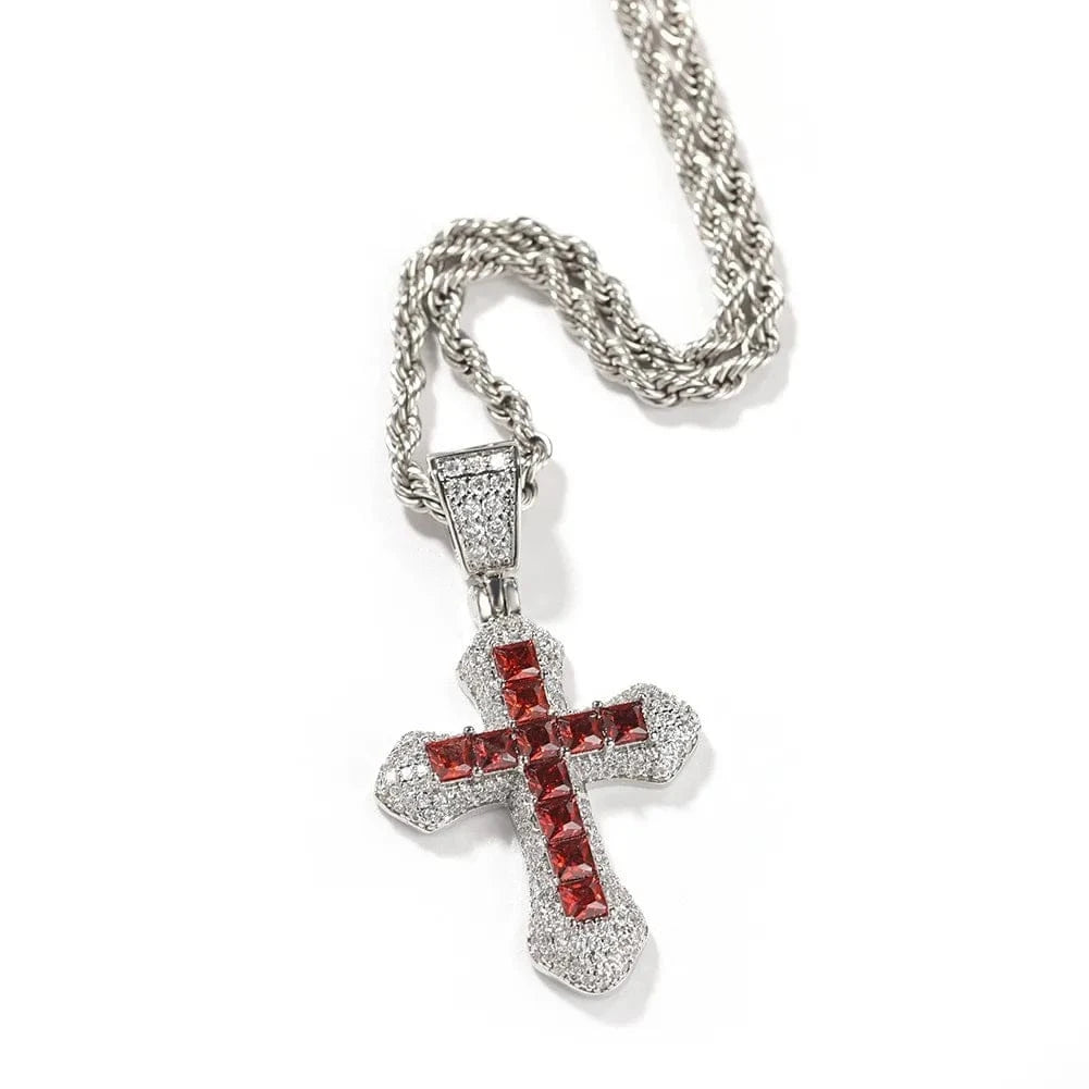 pendant necklace / 24" rope chain / Red Hiphop Diamond Pave Cross Pendant Necklace Beautiful Red Pink Blue Square Cubic Zirconia Jewelry For Women Man