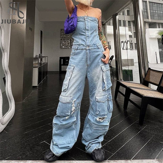 Personality Jumpsuit 2023 New Fashion Street Style Bra Waist Down Figure Showing Hot Girl Multi Pocket Denim Cargo Pants