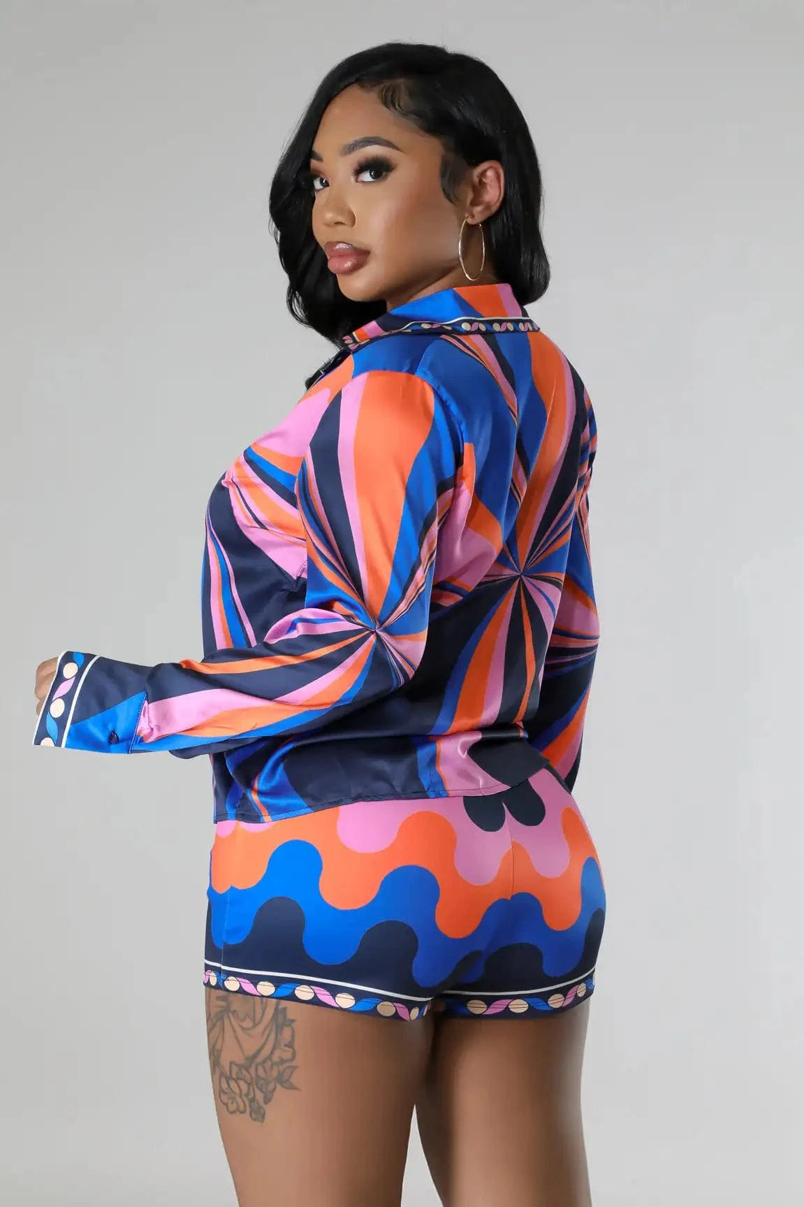 Personality print long sleeve shirt shorts two-piece
