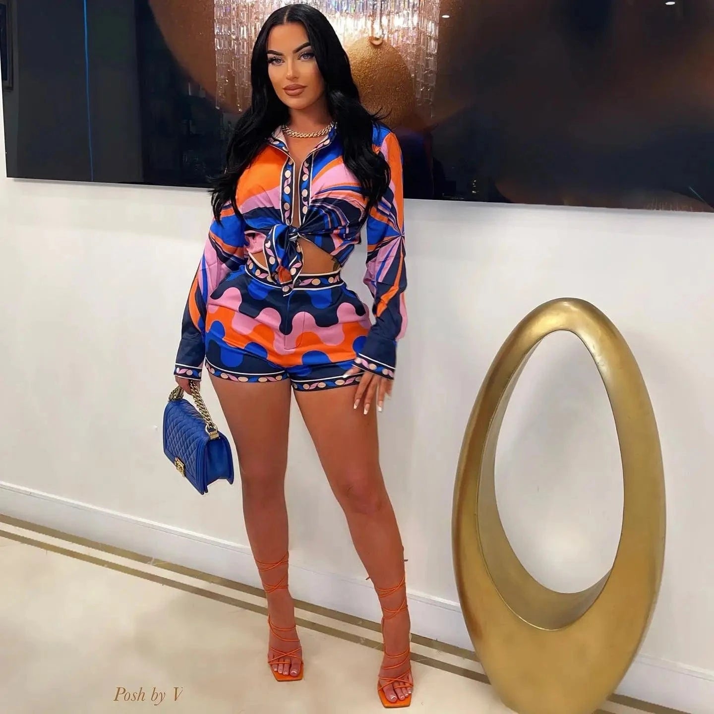 Personality print long sleeve shirt shorts two-piece