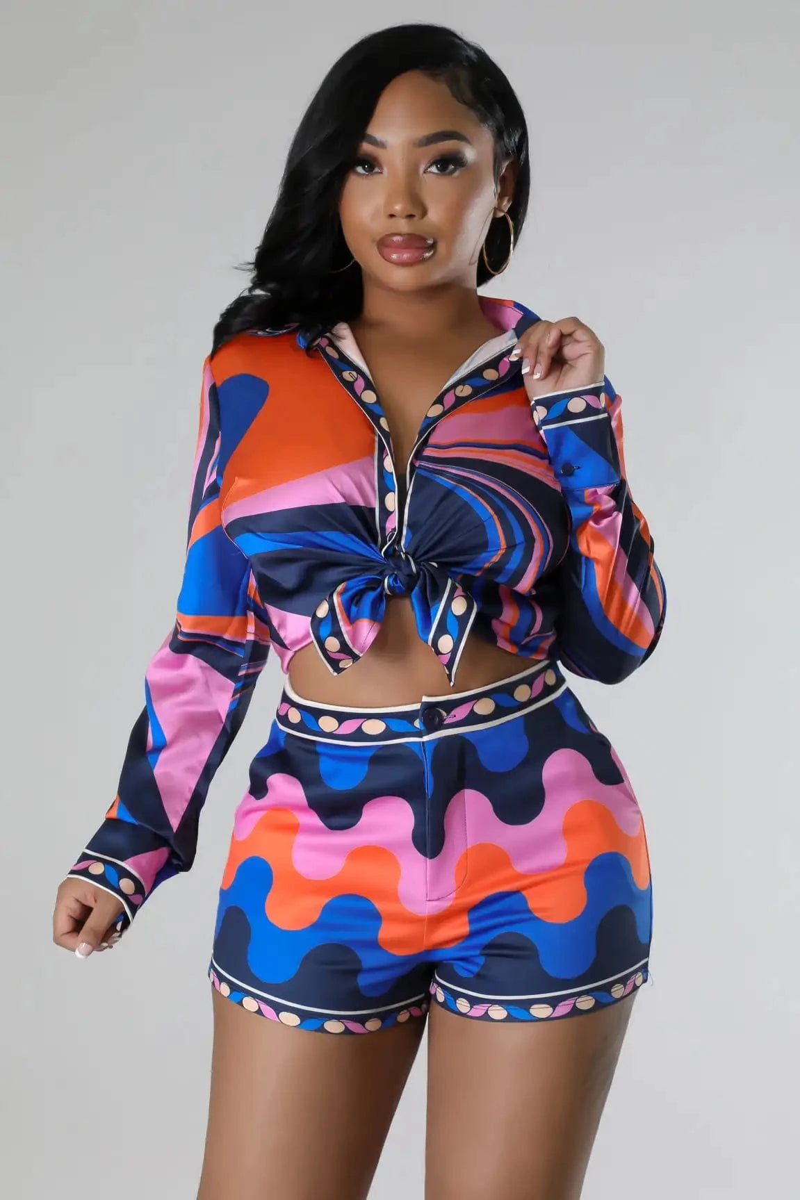 Personality print long sleeve shirt shorts two-piece