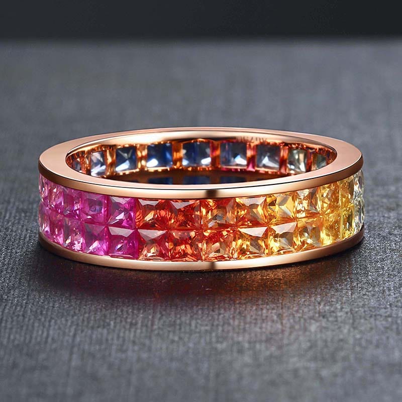 personalized ring natural colored sapphire genuine 18k solid gold charms rainbow princess stone rings