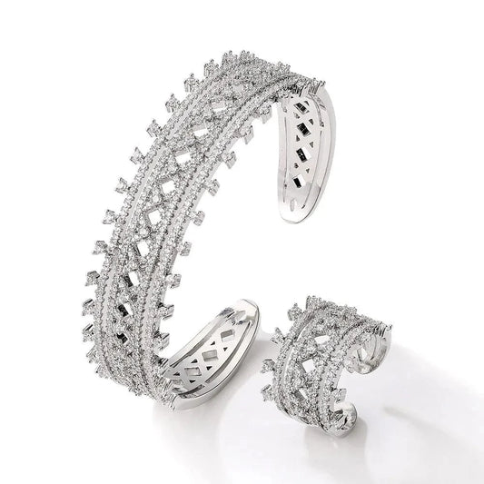 Personalized Vintage hollowed out open ring bracelet two piece set for bridal wedding brides