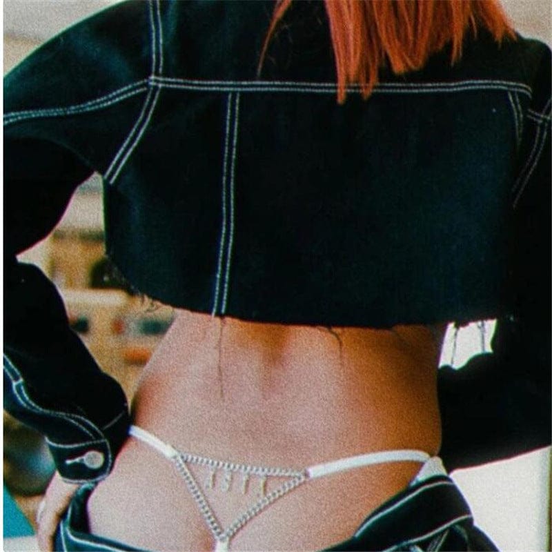 Personalized women sexy silver rhinestone letter belly waist Thong Panties Body Chain Rhinestone Thong Set Belly Chains