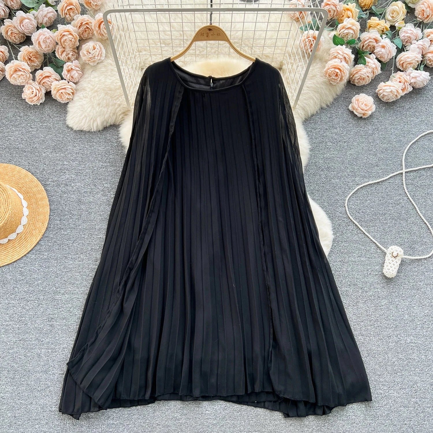 Peter Pan Collar Solid Pleated Dress Autumn Draped High Waist Midi Dress Ladies Elegant Dresses Clothes Women