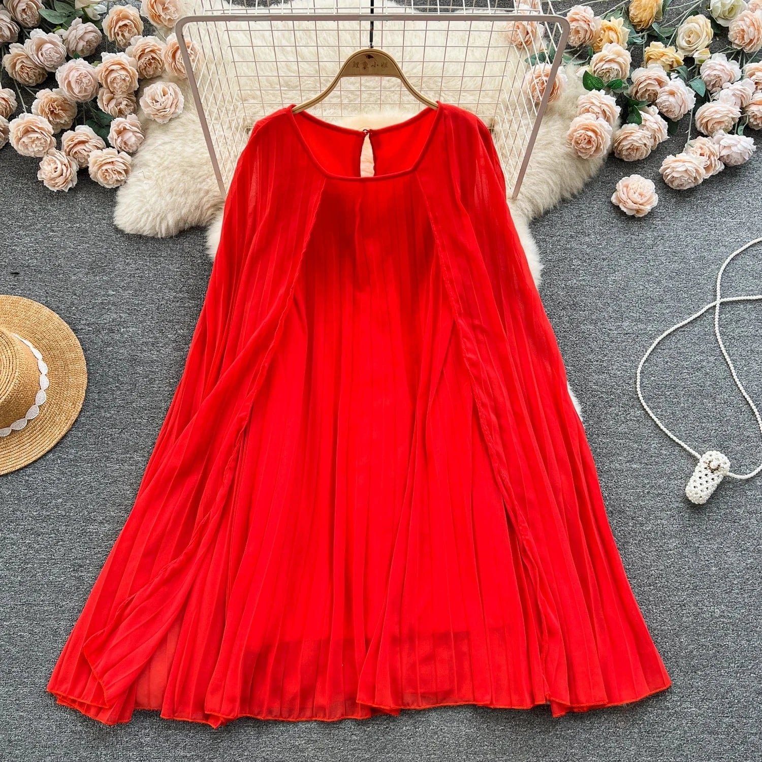 Peter Pan Collar Solid Pleated Dress Autumn Draped High Waist Midi Dress Ladies Elegant Dresses Clothes Women