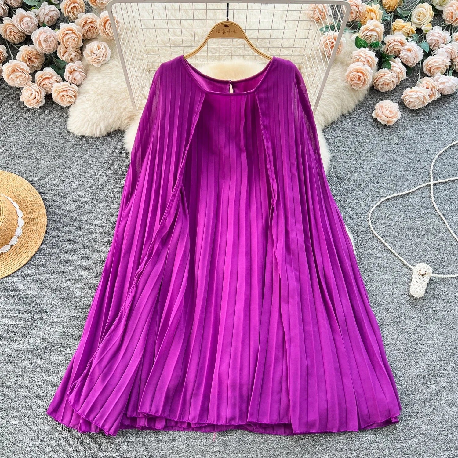 Peter Pan Collar Solid Pleated Dress Autumn Draped High Waist Midi Dress Ladies Elegant Dresses Clothes Women