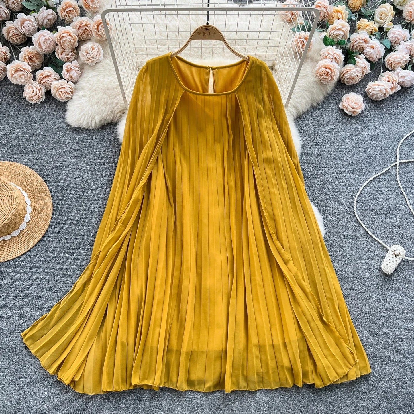 Peter Pan Collar Solid Pleated Dress Autumn Draped High Waist Midi Dress Ladies Elegant Dresses Clothes Women
