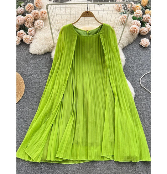 Peter Pan Collar Solid Pleated Dress Autumn Draped High Waist Midi Dress Ladies Elegant Dresses Clothes Women