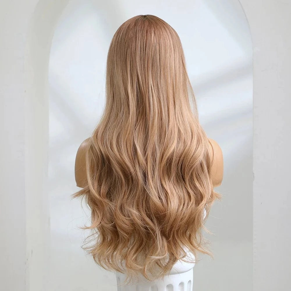 Pic Showed SARLA  Customizable Size High Quality Synthetic Fiber Gold Long Body Wave Rose Nets Full Head Hair Wig For White Women