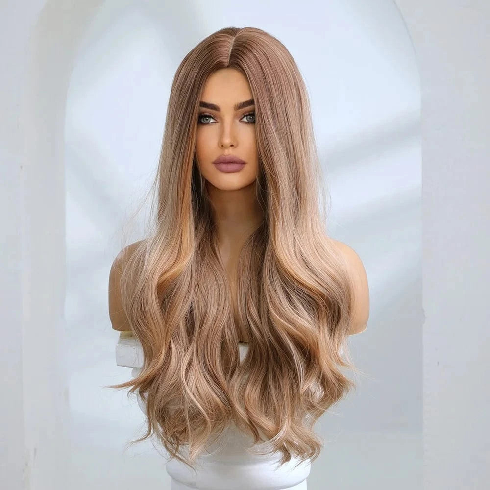 Pic Showed SARLA  Customizable Size High Quality Synthetic Fiber Gold Long Body Wave Rose Nets Full Head Hair Wig For White Women