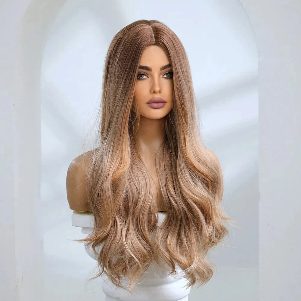 Pic Showed SARLA  Customizable Size High Quality Synthetic Fiber Gold Long Body Wave Rose Nets Full Head Hair Wig For White Women