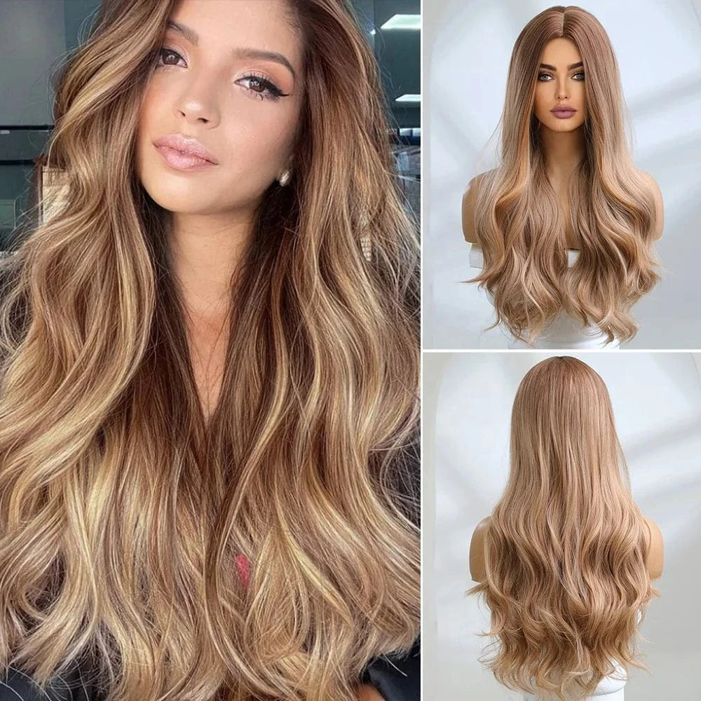 Pic Showed SARLA  Customizable Size High Quality Synthetic Fiber Gold Long Body Wave Rose Nets Full Head Hair Wig For White Women