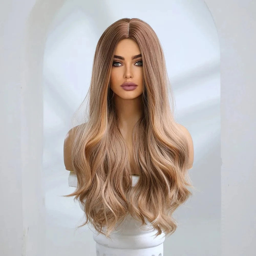 Pic Showed SARLA  Customizable Size High Quality Synthetic Fiber Gold Long Body Wave Rose Nets Full Head Hair Wig For White Women