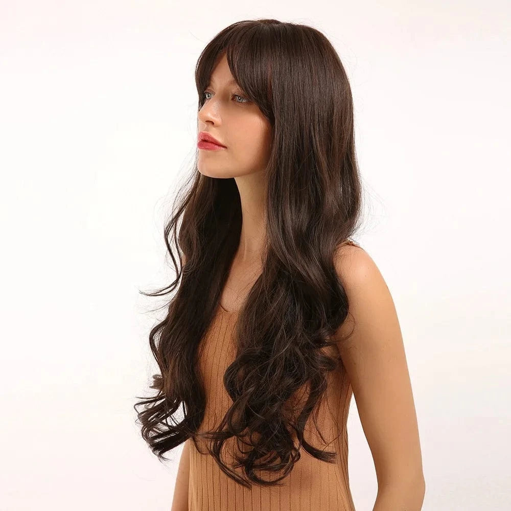 Pic Showed Wholesale Wigs From China Machine Made Ocean Wave Synthetic Wigs Suppliers Long Wavy Wig Products With Bangs For Black Women