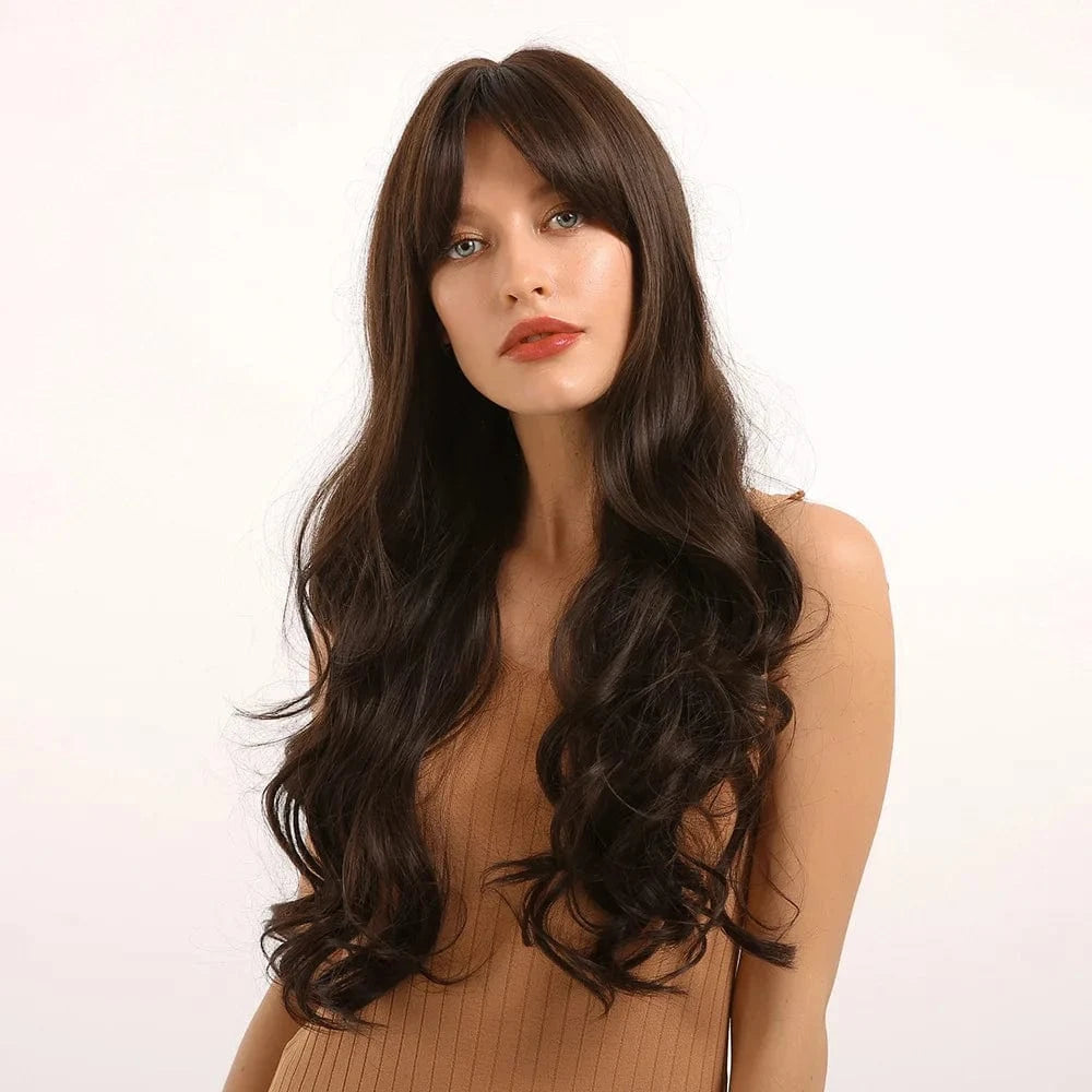 Pic Showed Wholesale Wigs From China Machine Made Ocean Wave Synthetic Wigs Suppliers Long Wavy Wig Products With Bangs For Black Women
