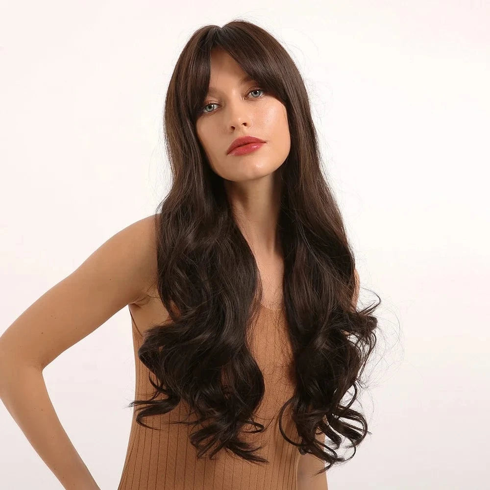 Pic Showed Wholesale Wigs From China Machine Made Ocean Wave Synthetic Wigs Suppliers Long Wavy Wig Products With Bangs For Black Women