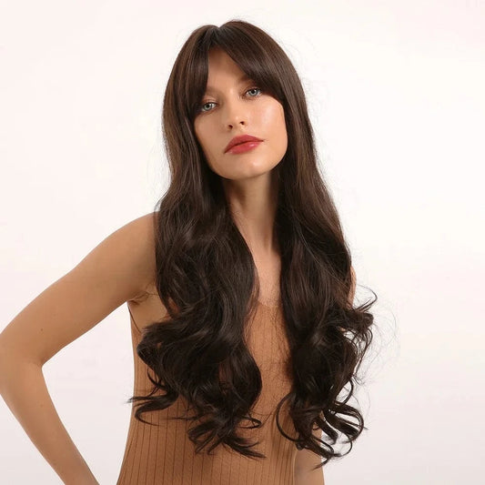 Pic Showed Wholesale Wigs From China Machine Made Ocean Wave Synthetic Wigs Suppliers Long Wavy Wig Products With Bangs For Black Women