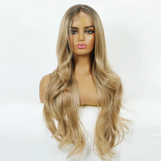 Picture color High Density Fiber Smooth Synthetic Wig Long Wavy Front Lace Synthetic Wigs for Black White Women Blonde