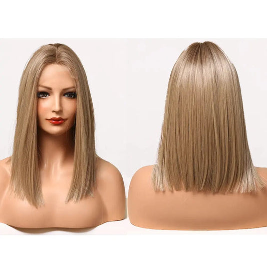Picture color Medium Straight Synthetic Lace Frontal Wigs for Women Natural Ombre Brown Golden Hair Lace Wigs