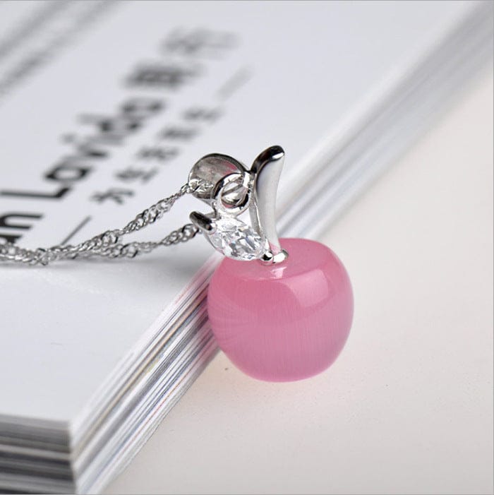 Pink 3D Pink Opal Apple Shape Pendant Necklace Apple Jewelry Teachers Appreiation Gift for Mentor Principal