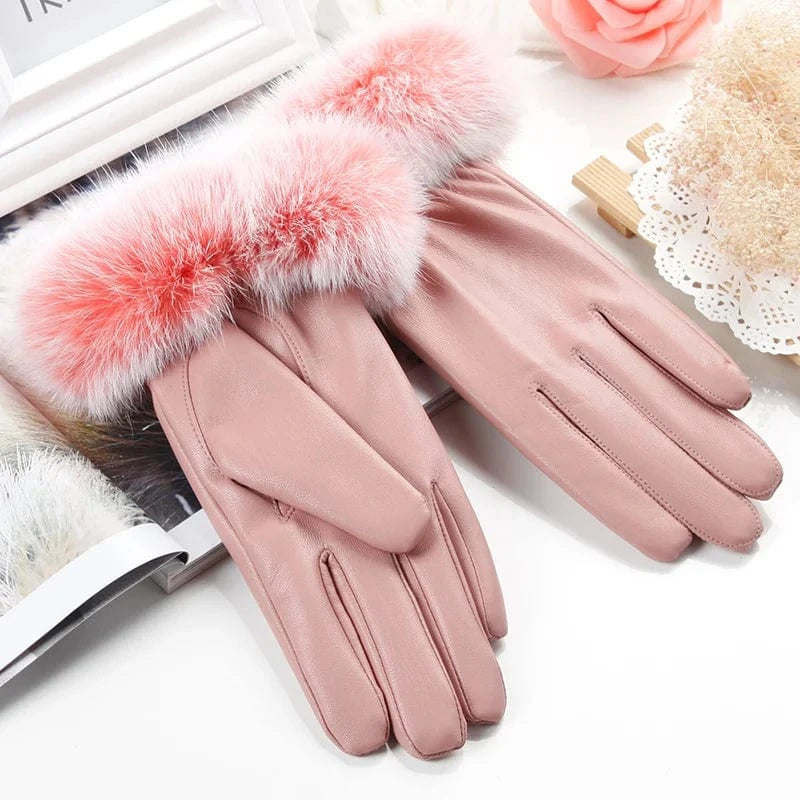 Pink Cheap fur touch screen warm pu synthetic leather ladies hand gloves