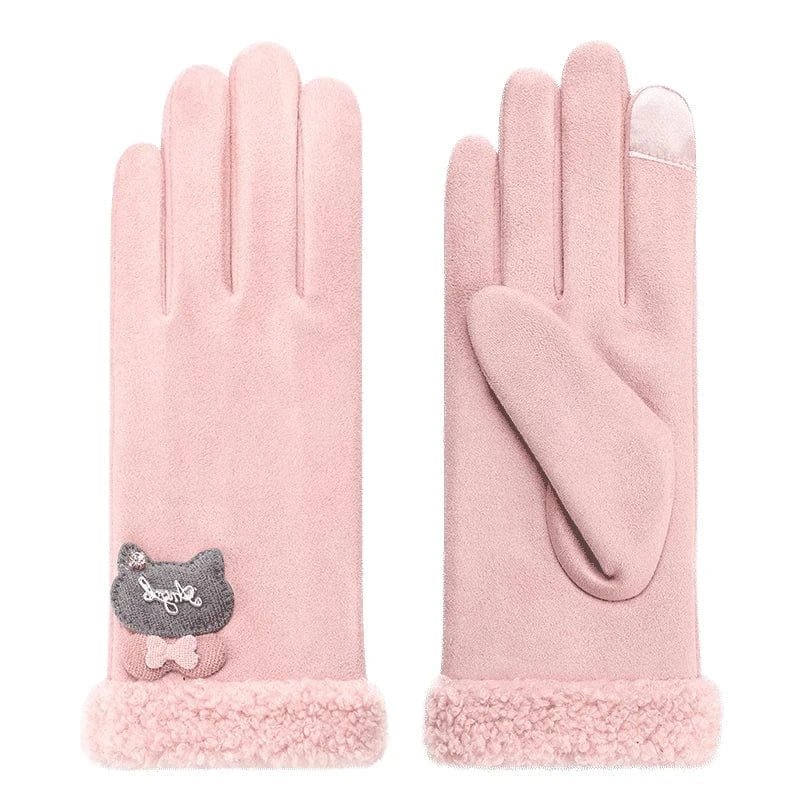 Pink Fashion sensitive touch screen faux fur cuff suede fabric red bike riding winter women gloves