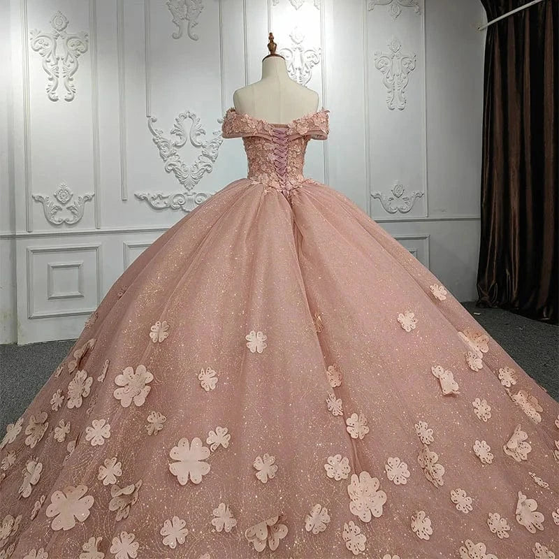 Pink Flower Off Shoulder Party Gowns Evening Prom Dresses Jancember 9939-1
