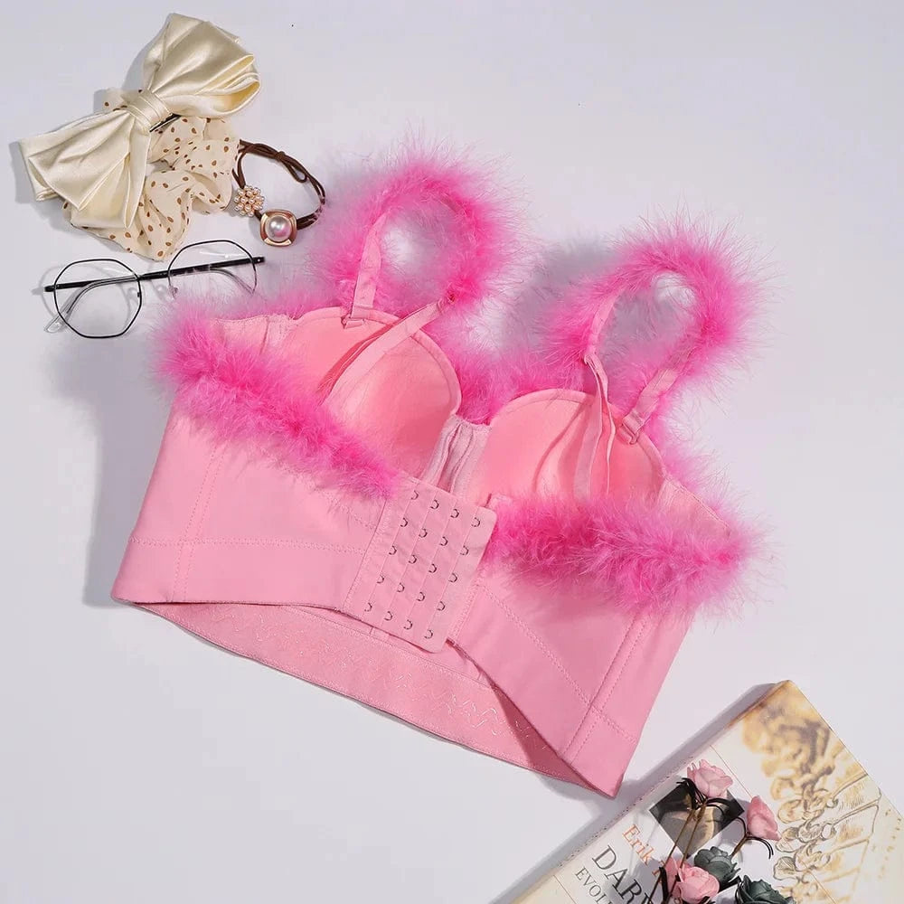 Pink fluff feather bustier sexy bra women corset top