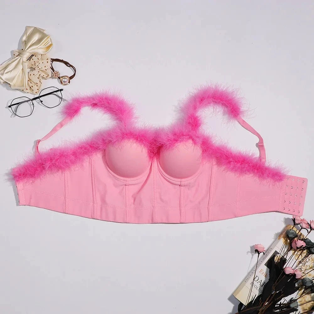 Pink fluff feather bustier sexy bra women corset top
