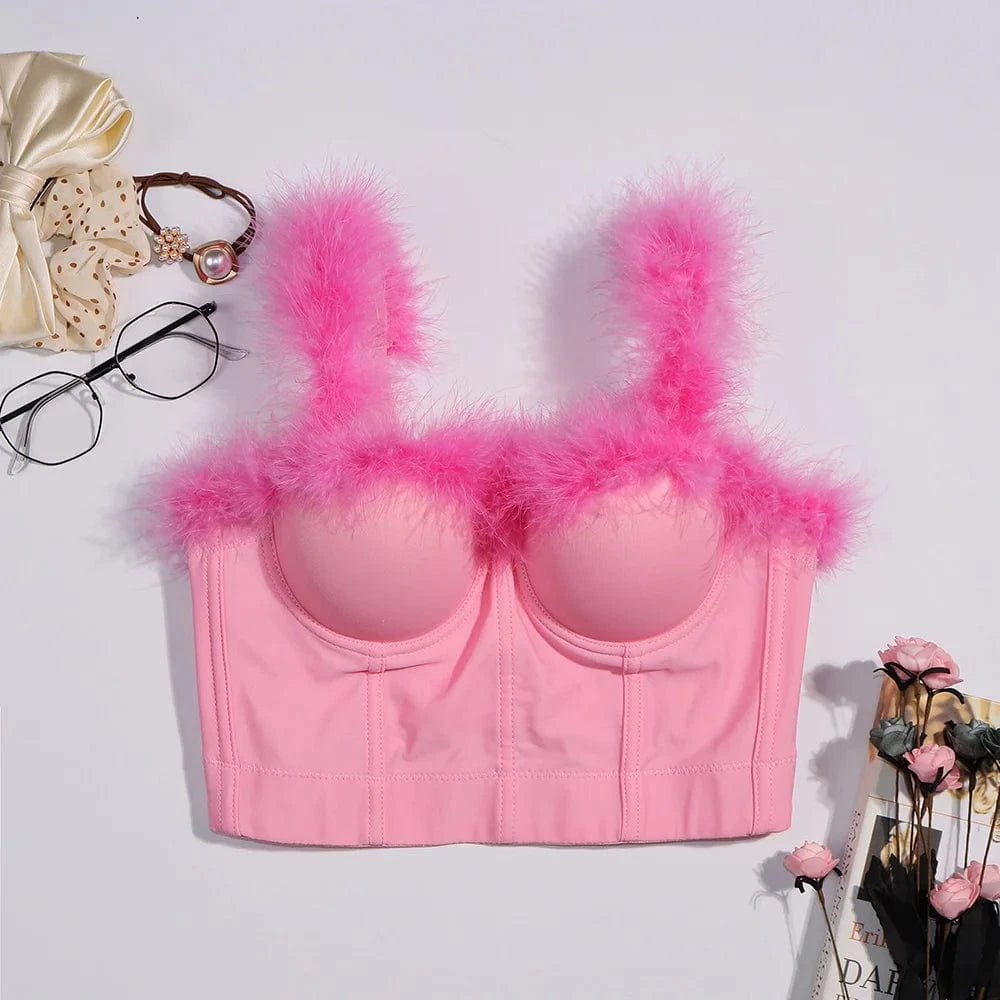 Pink fluff feather bustier sexy bra women corset top