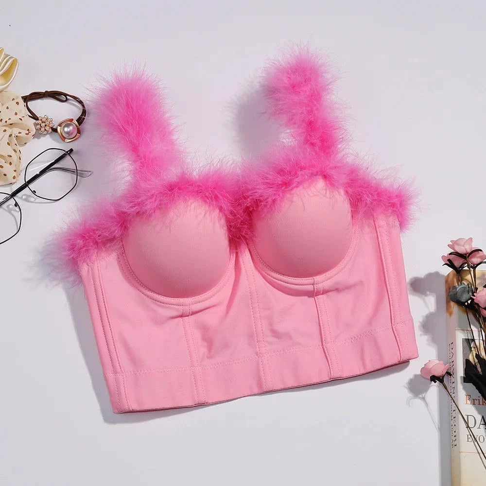 Pink fluff feather bustier sexy bra women corset top