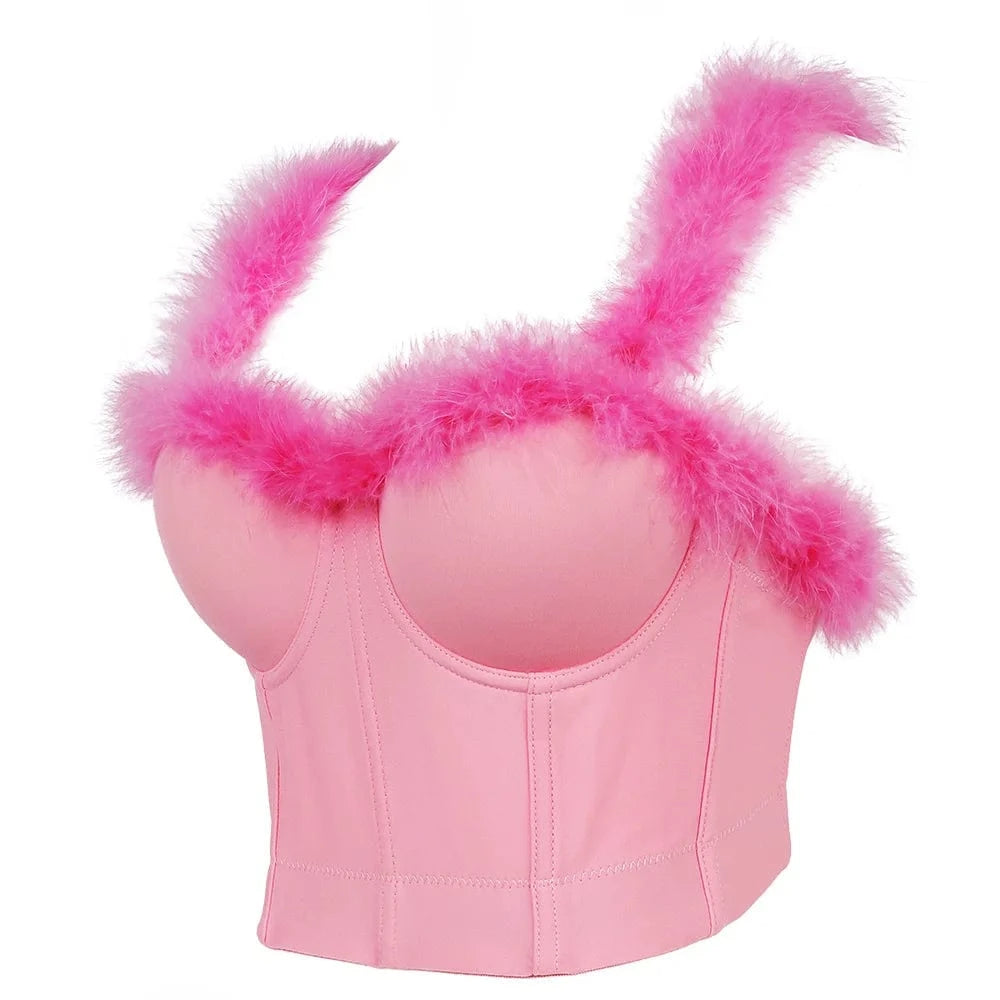 Pink fluff feather bustier sexy bra women corset top