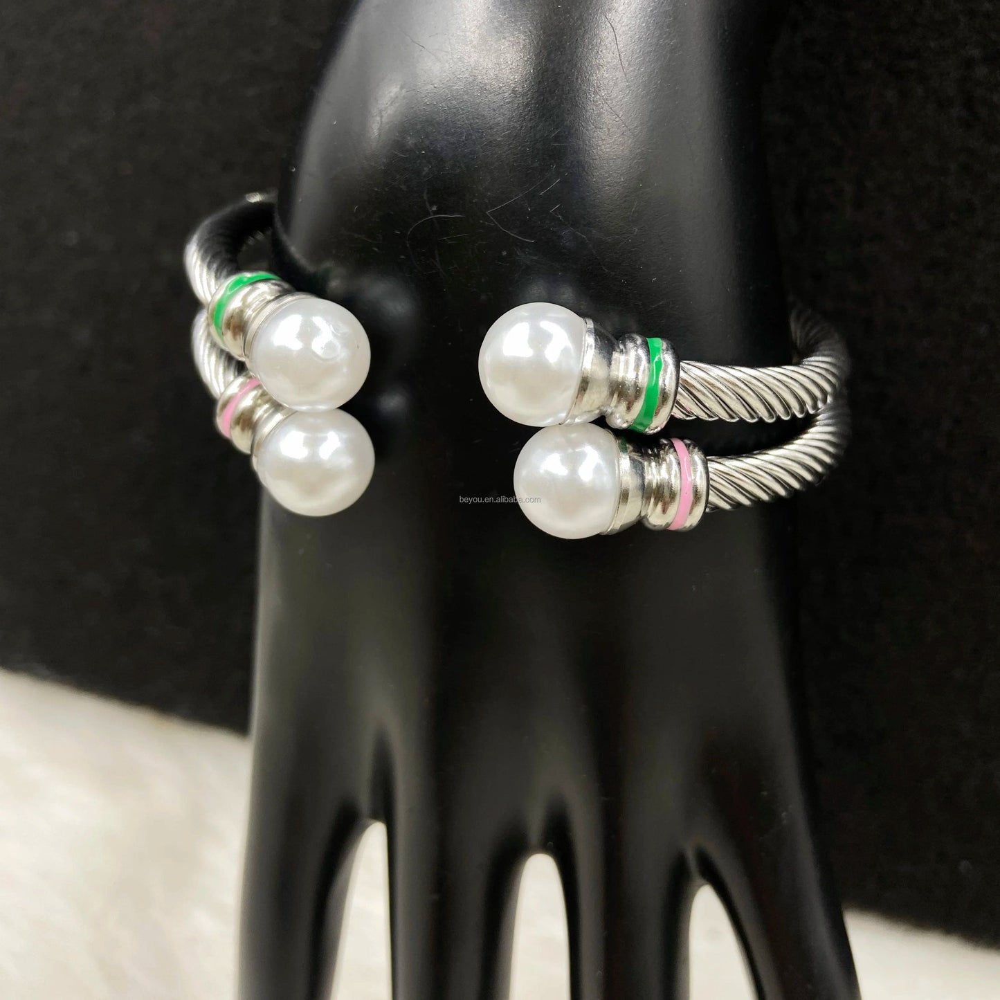 Pink Green Custom Stainless Steel Open Bracelet Single Layers Big Pearl Bangle Women's Jewelry Gift